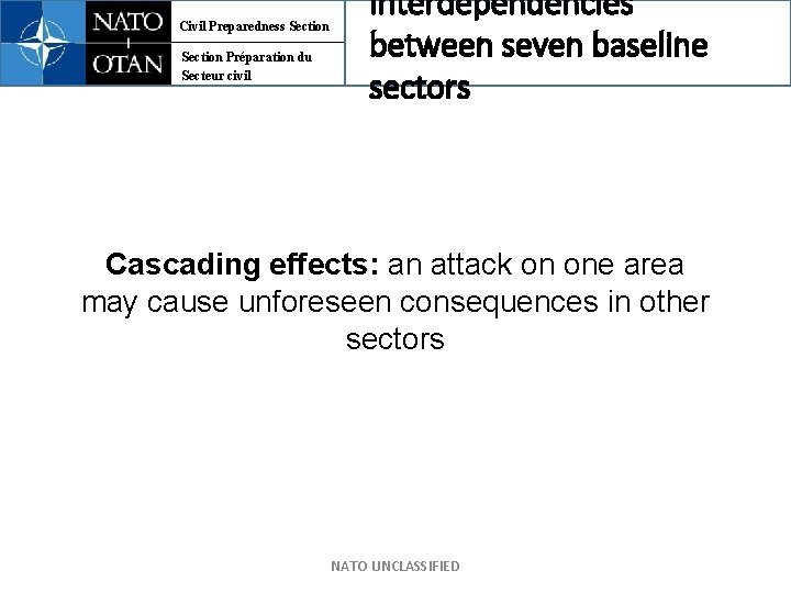 Civil Preparedness Section Préparation du Secteur civil Interdependencies between seven baseline sectors Cascading effects: