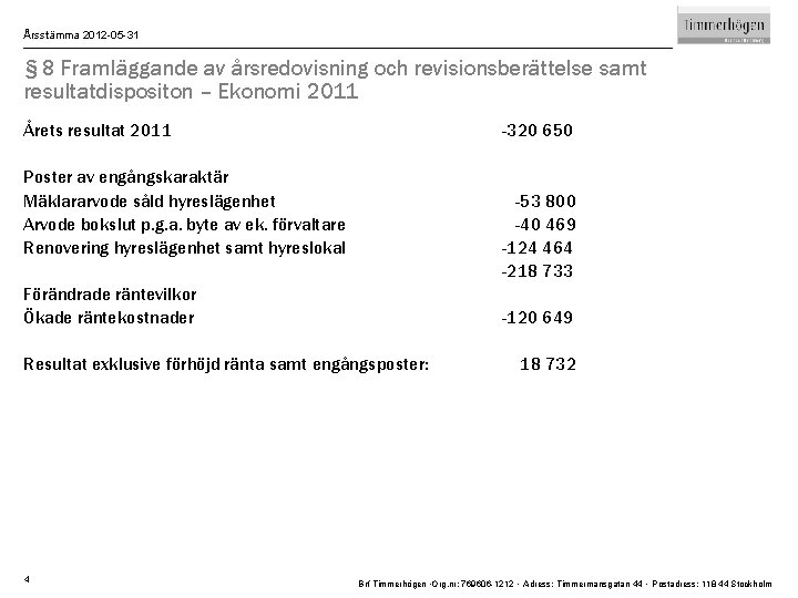 Årsstämma 2012 -05 -31 § 8 Framläggande av årsredovisning och revisionsberättelse samt resultatdispositon –