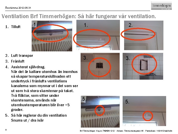 Årsstämma 2012 -05 -31 Ventilation Brf Timmerhögen: Så här fungerar vår ventilation. 1. Tilluft