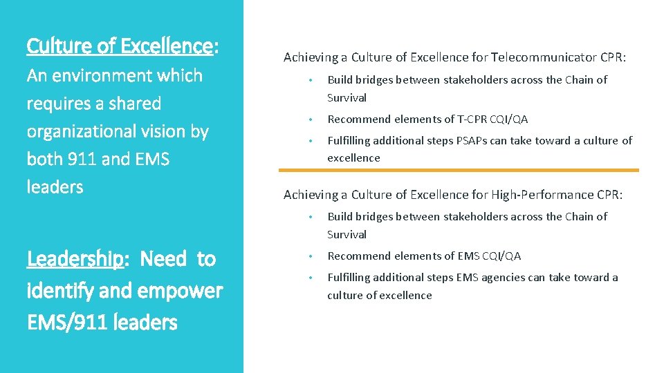 Culture of Excellence: An environment which requires a shared organizational vision by both 911