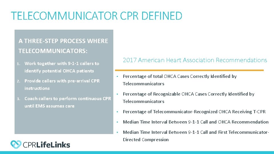 TELECOMMUNICATOR CPR DEFINED A THREE-STEP PROCESS WHERE TELECOMMUNICATORS: 1. 2. 3. 2017 American Heart
