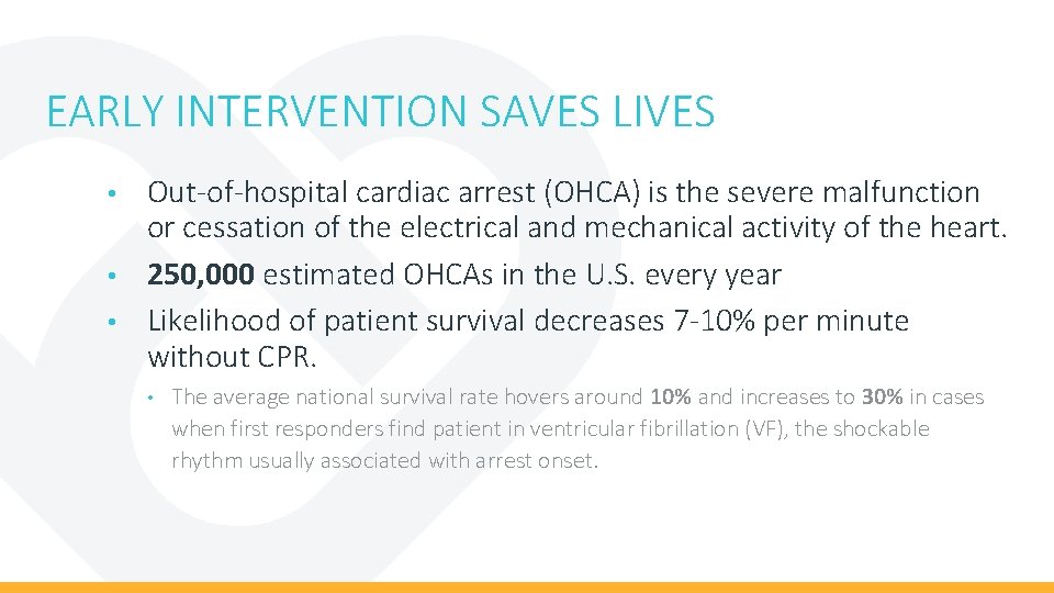EARLY INTERVENTION SAVES LIVES Out-of-hospital cardiac arrest (OHCA) is the severe malfunction or cessation