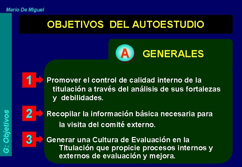 Mario De Miguel OBJETIVOS DEL AUTOESTUDIO G: Objetivos A GENERALES 1 Promover el control