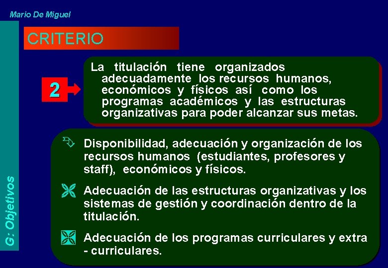 Mario De Miguel CRITERIO 2 La titulación tiene organizados adecuadamente los recursos humanos, económicos