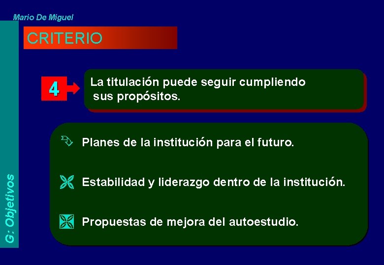 Mario De Miguel CRITERIO G: Objetivos 4 La titulación puede seguir cumpliendo sus propósitos.