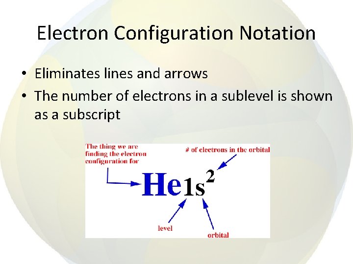 Electron Configuration Notation • Eliminates lines and arrows • The number of electrons in