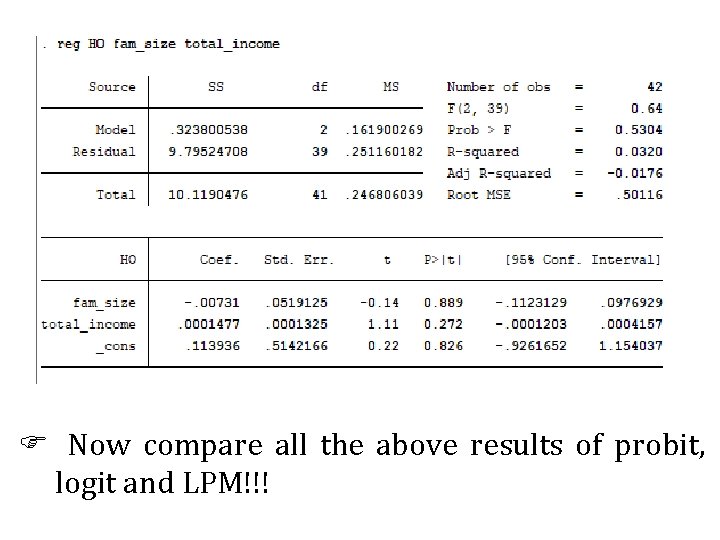  Now compare all the above results of probit, logit and LPM!!! 