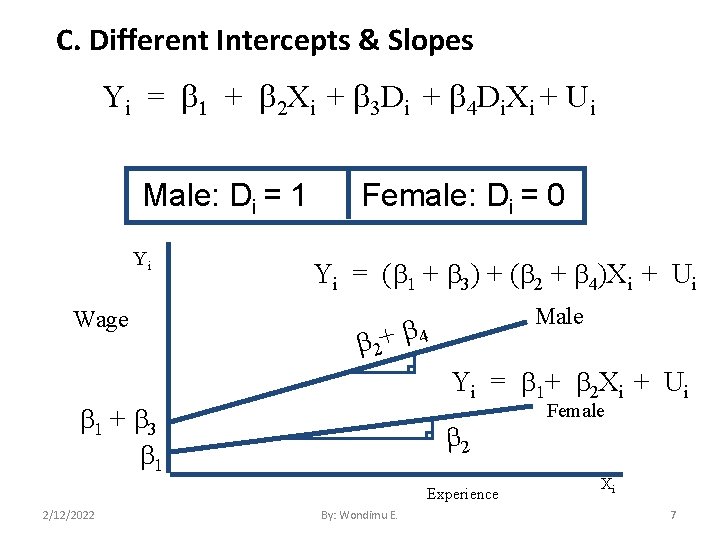 C. Different Intercepts & Slopes Yi = 1 + 2 Xi + 3 Di