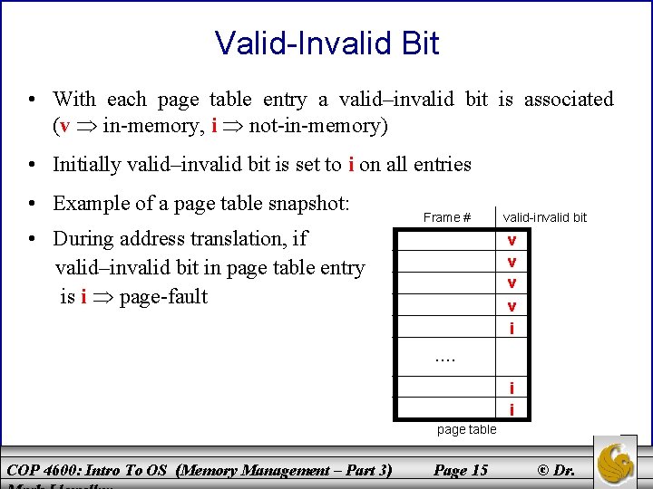 Valid-Invalid Bit • With each page table entry a valid–invalid bit is associated (v