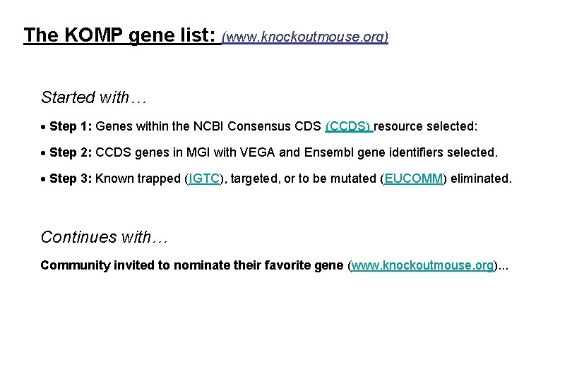 The KOMP gene list: (www. knockoutmouse. org) Started with… · Step 1: Genes within
