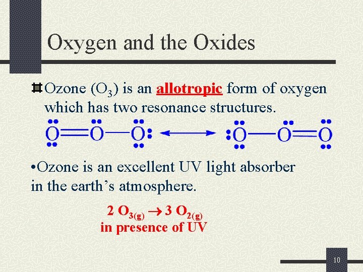 Oxygen and the Oxides Ozone (O 3) is an allotropic form of oxygen which