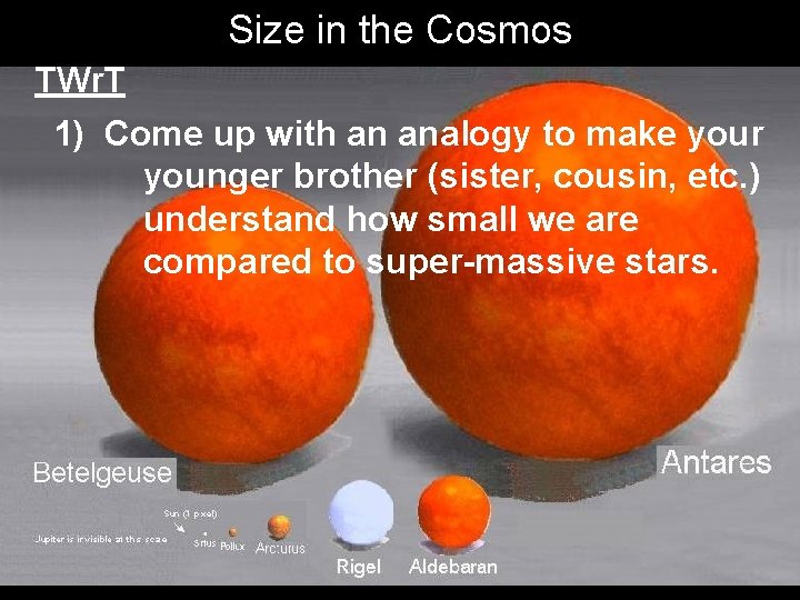 Size in the Cosmos TWr. T 1) Come up with an analogy to make