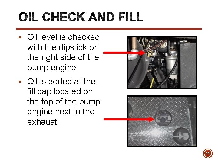 § Oil level is checked with the dipstick on the right side of the
