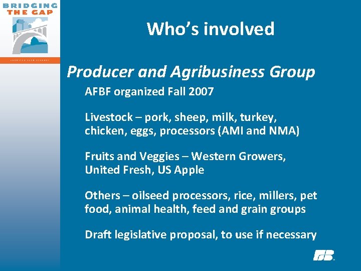 Who’s involved Producer and Agribusiness Group AFBF organized Fall 2007 Livestock – pork, sheep,