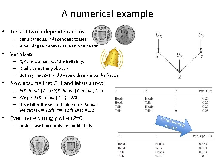 A numerical example • Toss of two independent coins – Simultaneous, independent tosses –