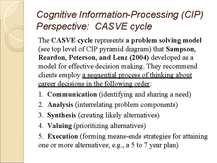 Cognitive Information-Processing (CIP) Perspective: CASVE cycle The CASVE cycle represents a problem solving model