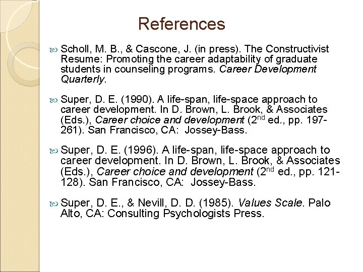 References Scholl, M. B. , & Cascone, J. (in press). The Constructivist Resume: Promoting