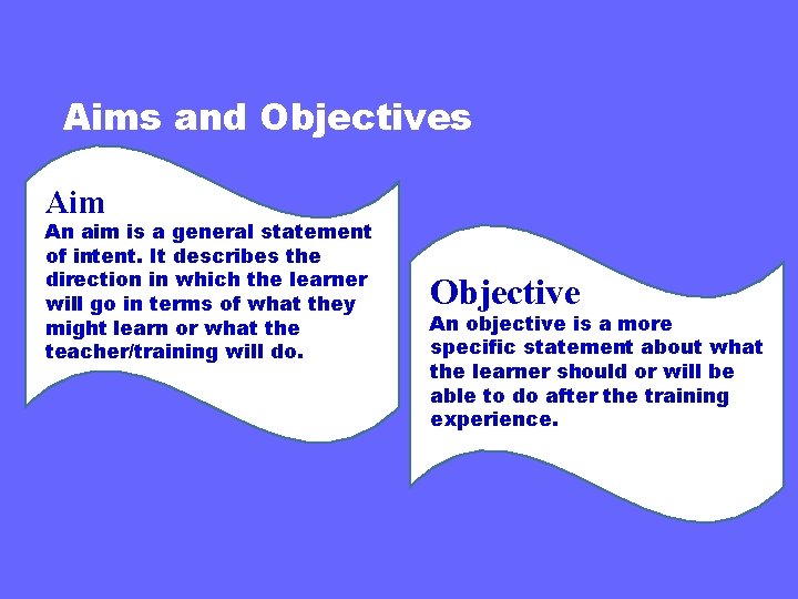 Aims and Objectives Aim An aim is a general statement of intent. It describes