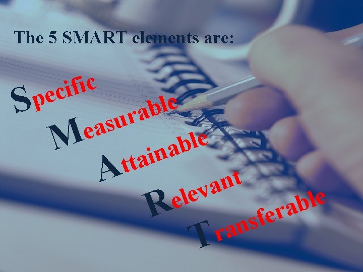 The 5 SMART elements are: c i f i c e e l Sp