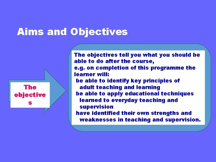 Aims and Objectives The objectives tell you what you should be able to do