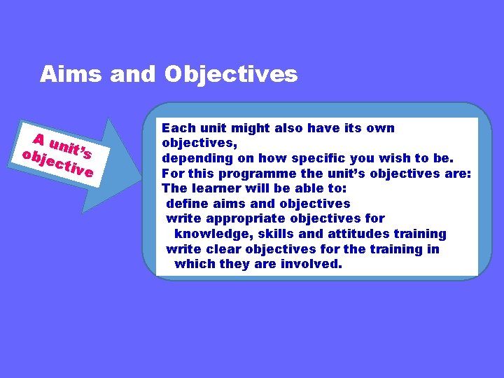 Aims and Objectives Au n obje it’s ctiv e Each unit might also have
