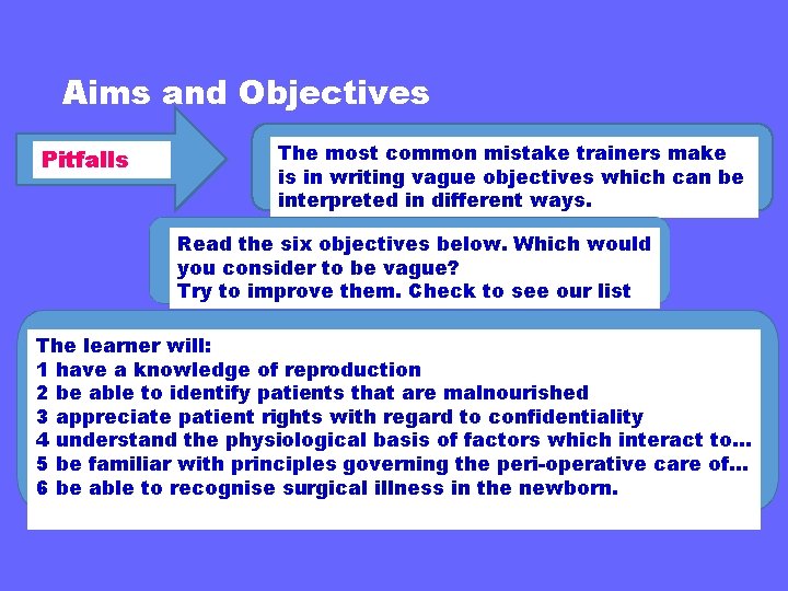 Aims and Objectives Pitfalls The most common mistake trainers make is in writing vague