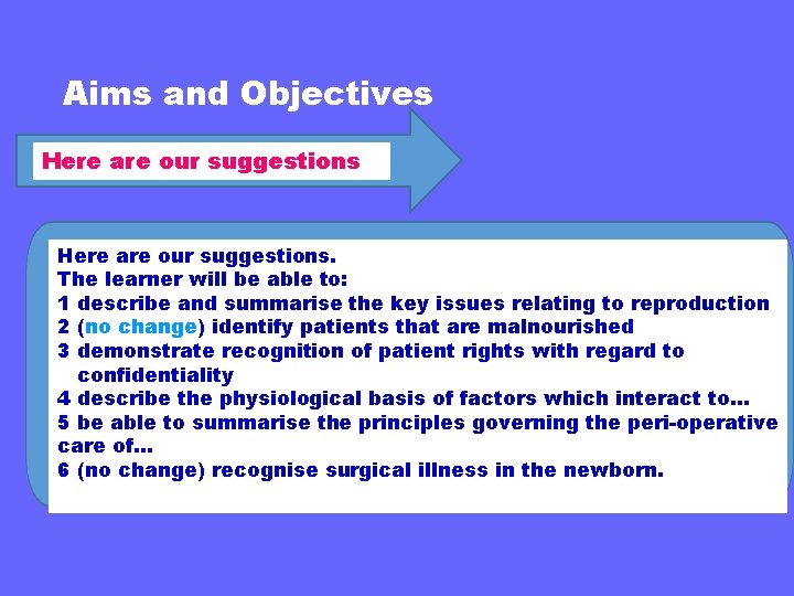 Aims and Objectives Here are our suggestions. The learner will be able to: 1