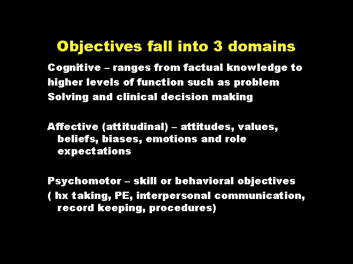 Objectives fall into 3 domains Cognitive – ranges from factual knowledge to higher levels