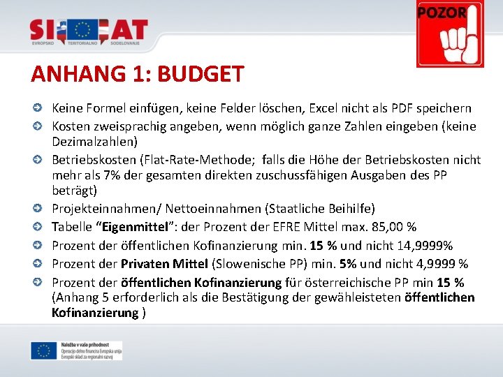 ANHANG 1: BUDGET Keine Formel einfügen, keine Felder löschen, Excel nicht als PDF speichern