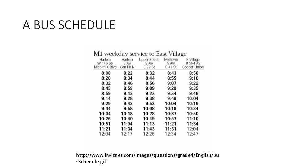 A BUS SCHEDULE http: //www. kwiznet. com/images/questions/grade 4/English/bu s. Schedule. gif 