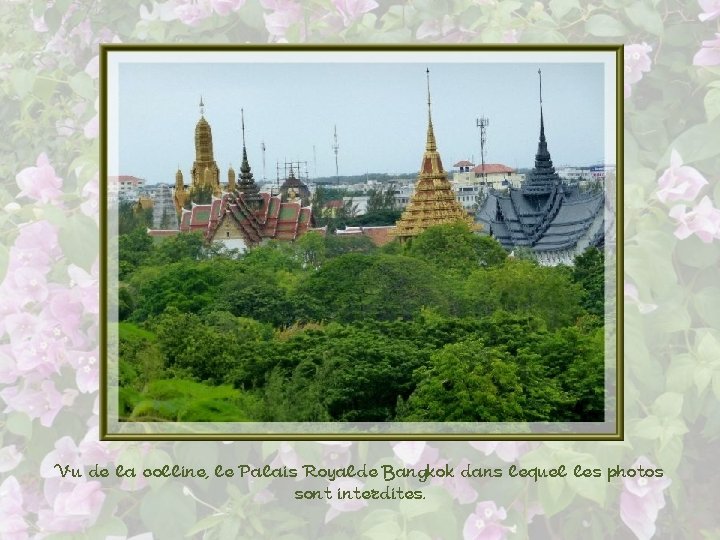 Vu de la colline, le Palais Royalde Bangkok dans lequel les photos sont interdites.