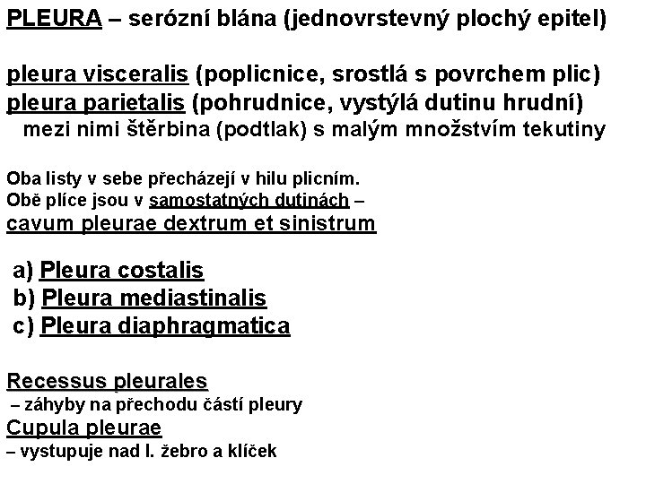 PLEURA – serózní blána (jednovrstevný plochý epitel) pleura visceralis (poplicnice, srostlá s povrchem plic)