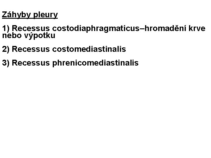 Záhyby pleury 1) Recessus costodiaphragmaticus–hromadění krve nebo výpotku 2) Recessus costomediastinalis 3) Recessus phrenicomediastinalis