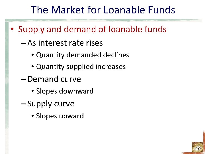 The Market for Loanable Funds • Supply and demand of loanable funds – As
