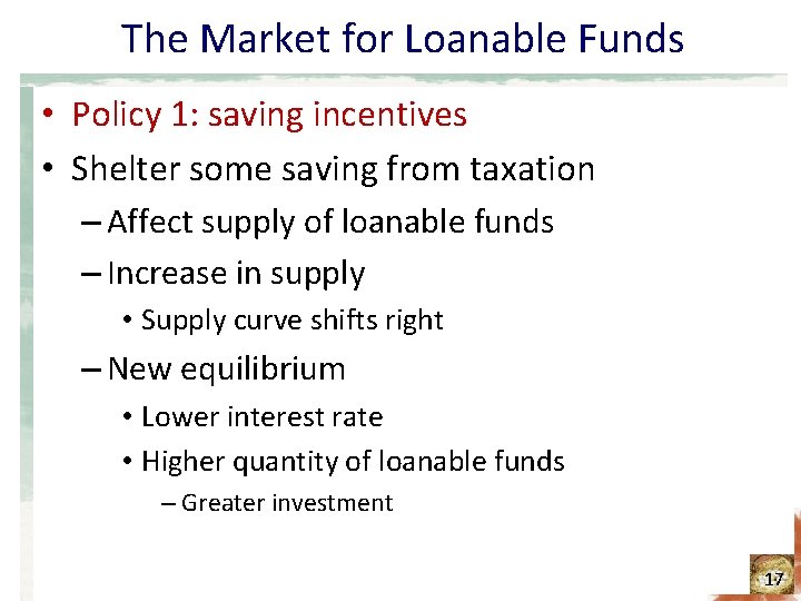 The Market for Loanable Funds • Policy 1: saving incentives • Shelter some saving
