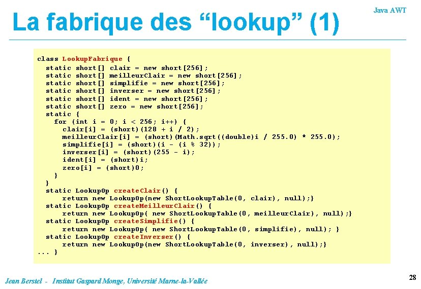 La fabrique des “lookup” (1) Java AWT class Lookup. Fabrique { static short[] clair