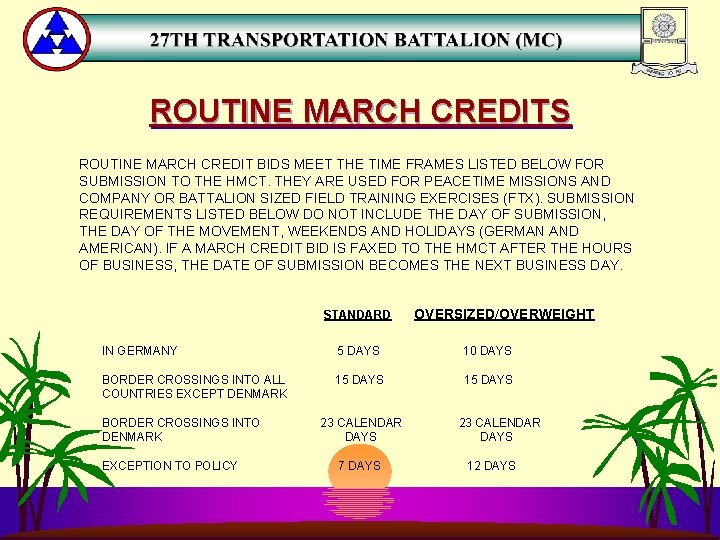 ROUTINE MARCH CREDITS ROUTINE MARCH CREDIT BIDS MEET THE TIME FRAMES LISTED BELOW FOR