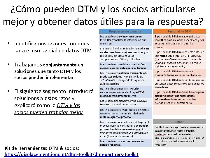 ¿Cómo pueden DTM y los socios articularse mejor y obtener datos útiles para la