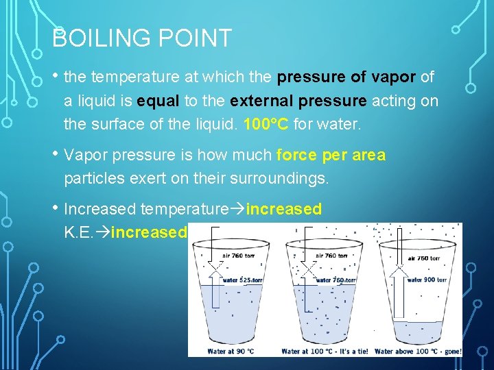 BOILING POINT • the temperature at which the pressure of vapor of a liquid