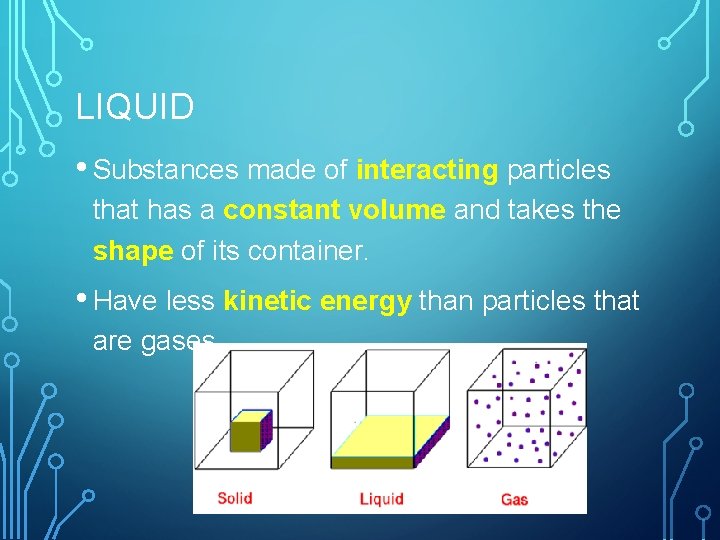 LIQUID • Substances made of interacting particles that has a constant volume and takes