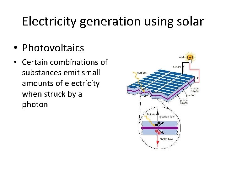 Electricity generation using solar • Photovoltaics • Certain combinations of substances emit small amounts