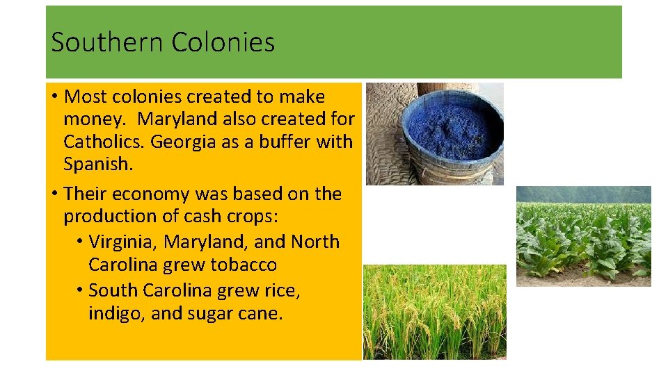 Southern Colonies • Most colonies created to make money. Maryland also created for Catholics.