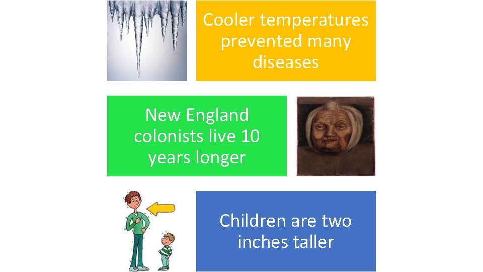 Cooler temperatures prevented many diseases New England colonists live 10 years longer Children are