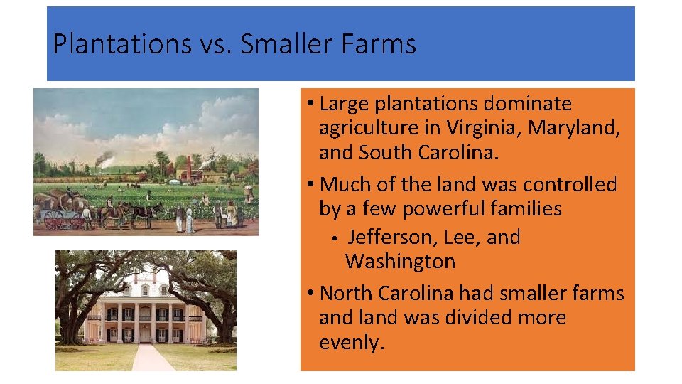 Plantations vs. Smaller Farms • Large plantations dominate agriculture in Virginia, Maryland, and South