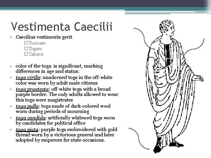 Vestimenta Caecilii • Caecilius vestimenta gerit � Tunicam � Togam � Calceos • color