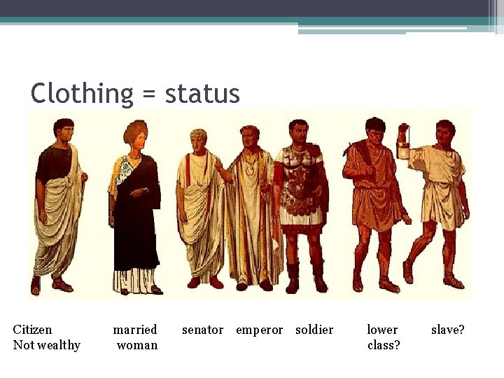 Clothing = status Citizen Not wealthy married woman senator emperor soldier lower class? slave?
