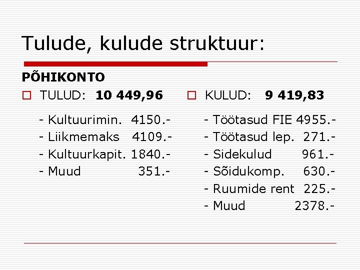 Tulude, kulude struktuur: PÕHIKONTO o TULUD: 10 449, 96 - Kultuurimin. Liikmemaks Kultuurkapit. Muud