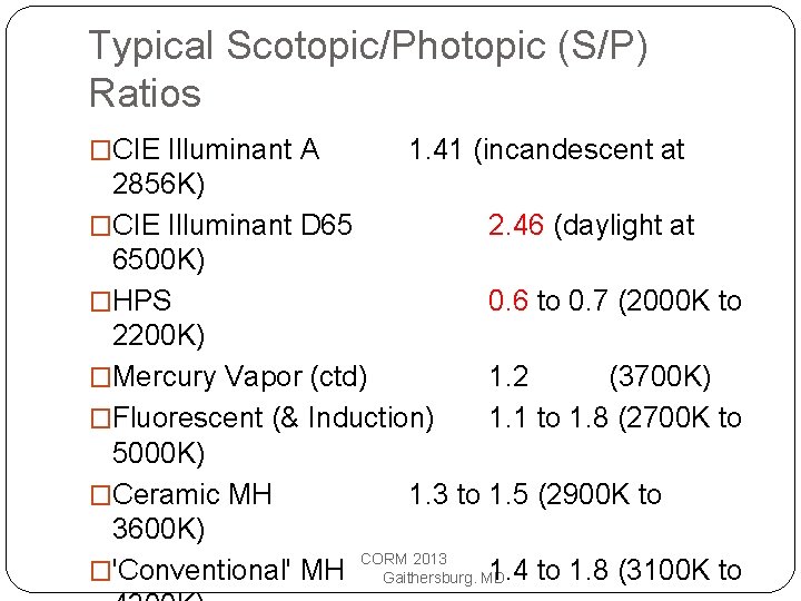 Typical Scotopic/Photopic (S/P) Ratios �CIE Illuminant A 1. 41 (incandescent at 2856 K) �CIE