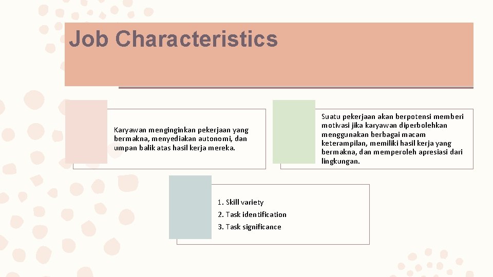 Job Characteristics Karyawan menginginkan pekerjaan yang bermakna, menyediakan autonomi, dan umpan balik atas hasil