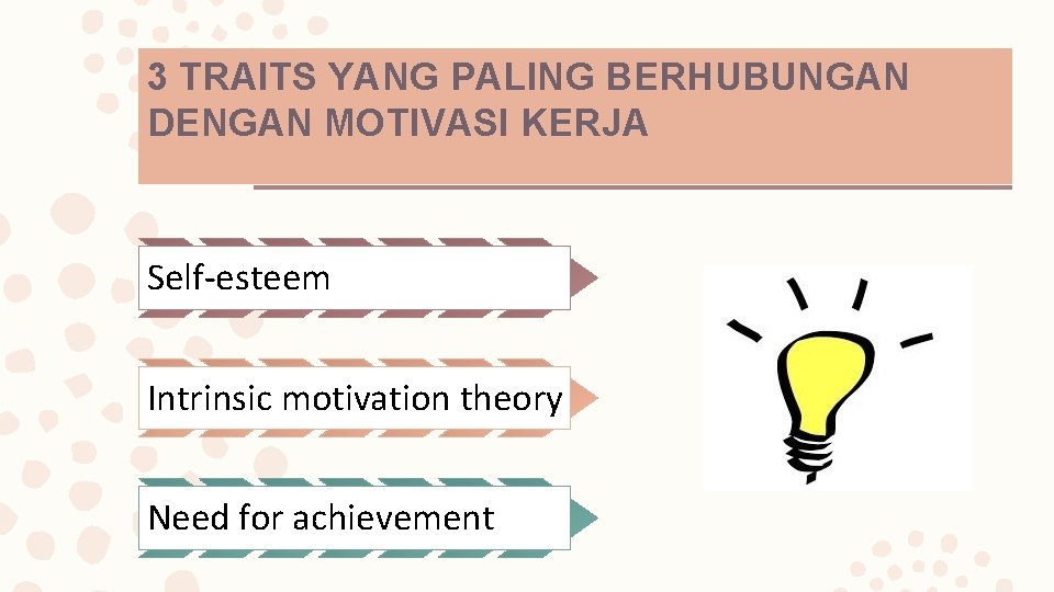3 TRAITS YANG PALING BERHUBUNGAN DENGAN MOTIVASI KERJA Self-esteem Intrinsic motivation theory Need for